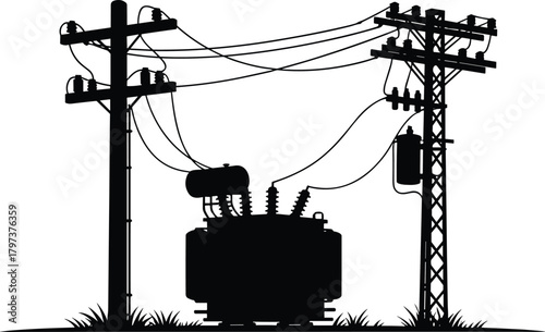 Silhouette vector illustration of electrical transformer, utility poles, and lattice tower—power grid infrastructure, voltage system, energy distribution layout for engineering reference