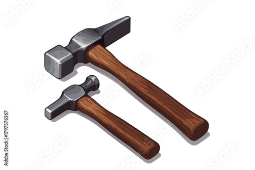 Two jeweler's hammers with wooden handles shown in isometric perspective