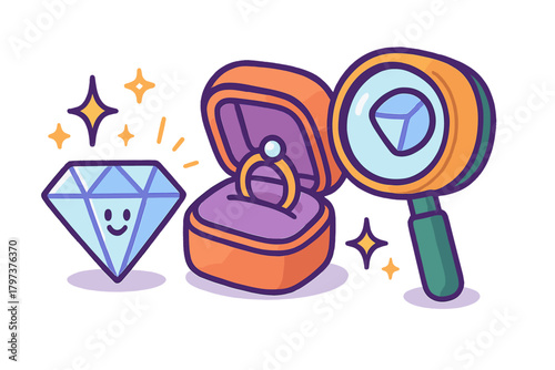 Gemstone appraisal with magnifying glass and engagement ring in box