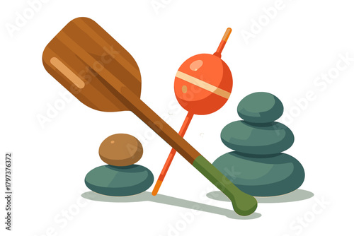 Canoe Paddle Fishing Float and Stacked Zen Stones Arrangement