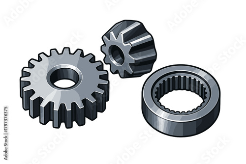 Set of three metallic mechanical components: spur gear, bevel gear, and spline part