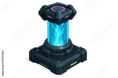Isometric futuristic energy containment unit with glowing plasma core