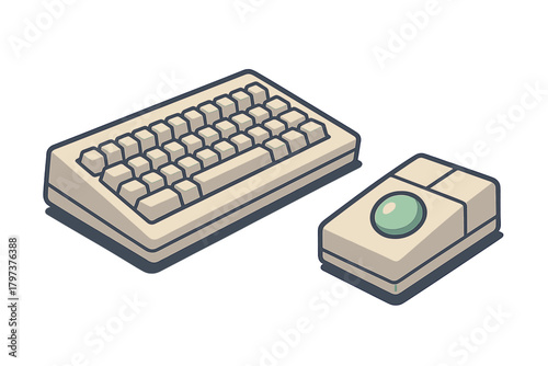 Vintage beige computer keyboard and trackball mouse set in an isometric view