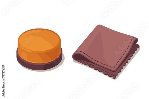 Isometric orange button and folded cleaning cloth set design