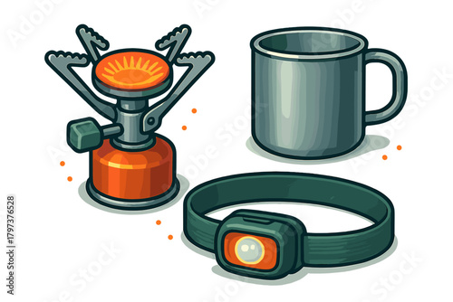 Essential camping cooking stove metal mug and headlamp gear set