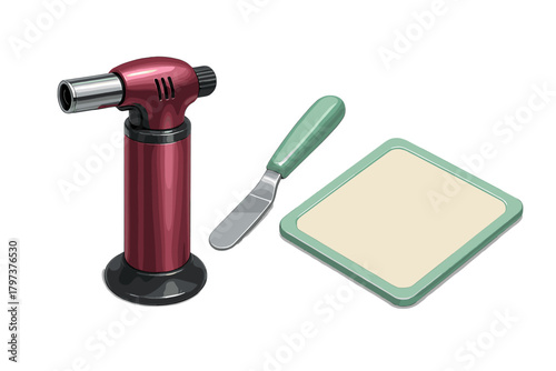 Culinary torch spatula and baking mat set in isometric view