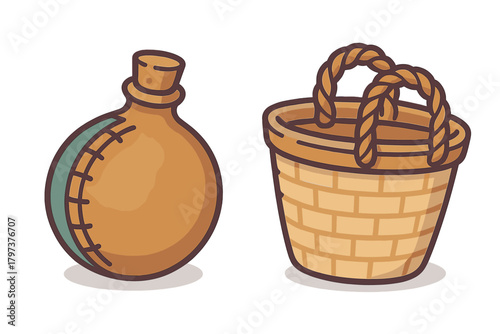 Traditional woven wicker basket with braided handles and round leather canteen flask set isolated on white background