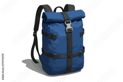 Blue roll-top backpack with black straps and metal buckle isolated on white for travel