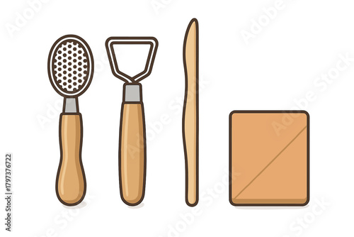 Essential set of ceramic sculpting tools including ribbon loop, wire cutter, wooden knife, and sponge for pottery art