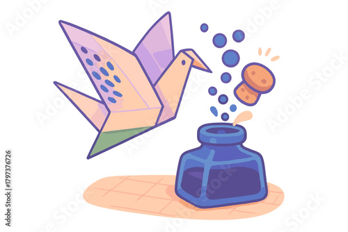 Colorful origami paper crane flying above a blue ink bottle with a popping cork and rising bubbles