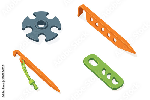 Hiking and camping accessories including tent pegs, trekking pole basket, and rope tensioner
