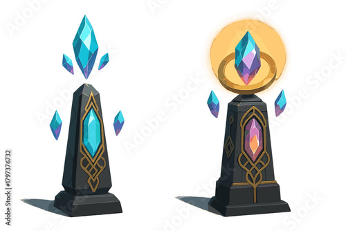 Ancient fantasy obelisks with glowing magical crystals and intricate gold ornamentation
