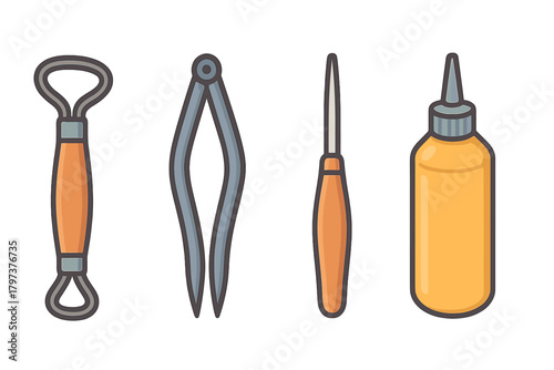 Collection of essential tools for ceramic art and sculpting, including loop tool and calipers