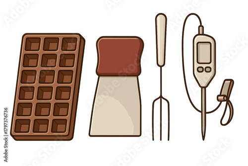 Set of kitchen baking and cooking tools including waffle mold spatula and digital thermometer