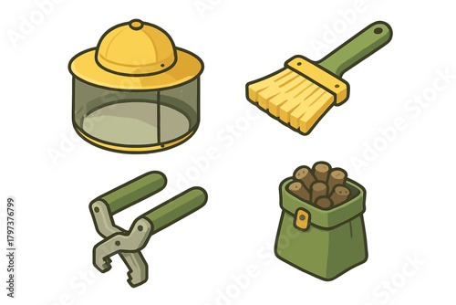 Isometric icons of essential tools and supplies: beekeeper hat, paintbrush, pliers, and firewood bag