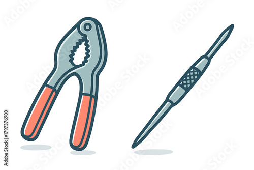 Classic metal nutcracker and sharp seafood pick kitchen utensils set isolated on white