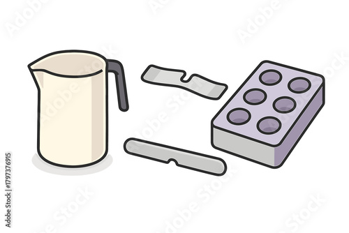 Essential supplies for candle making hobby including pouring pitcher, silicone mold, and wicks