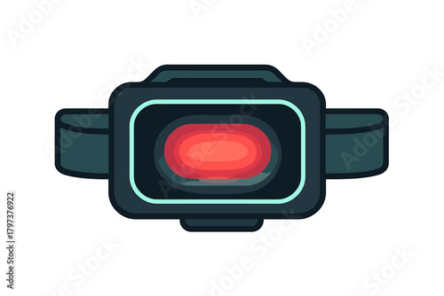 Dark electronic device with glowing red recording indicator light on a white background