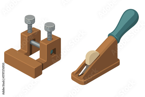 Isometric view of a woodworking clamp jig and a small hand plane tool for crafting projects