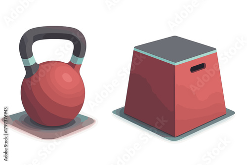Red kettlebell and plyometric jump box set for strength training