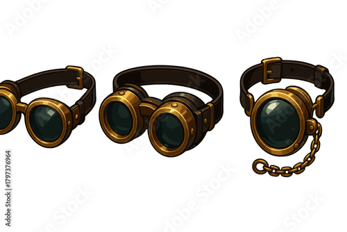 Set of three vintage steampunk goggles featuring brass frames and adjustable leather straps