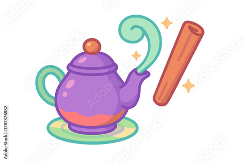 Colorful stylized teapot with swirling steam and a large cinnamon stick on a saucer