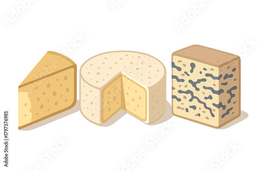 Gourmet assortment of various dairy cheeses including blue cheese, soft cheese, and a hard wedge