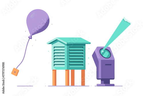Weather station instruments including a radiosonde balloon, Stevenson screen, and ceilometer laser device
