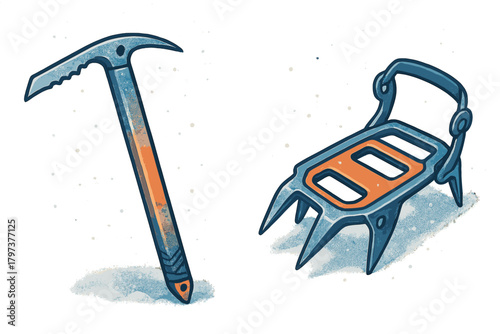 Essential mountaineering gear set featuring ice axe and crampon for alpine climbing