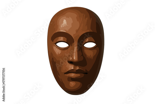 Realistic smooth dark wood ceremonial mask with stylized facial features