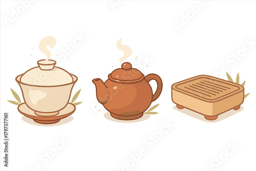 Traditional Chinese tea ceremony set with teapot, gaiwan, and wooden serving tray