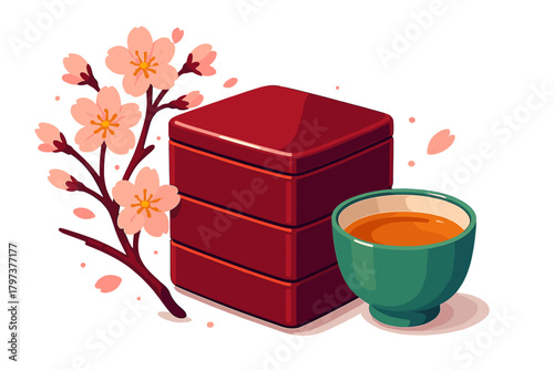 Traditional Japanese red tiered lunch box and green tea bowl with pink cherry blossoms