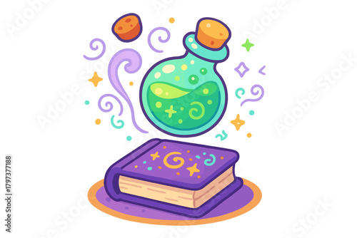 Purple spellbook and floating glowing green potion bottle with magical swirling effects