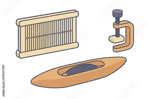 Essential tools for textile weaving craft including a wooden loom, shuttle, and clamp