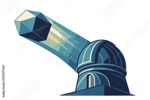 Observatory dome projecting a faceted geometric object into space exploration