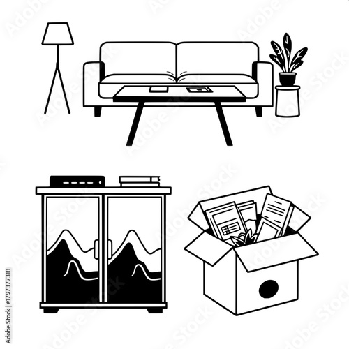 “Make a graphic poster-style layout with four black-and-white icons: a modern sofa, a table with a rice cooker and cup, a cabinet with topographic designs, and a partly opened cardboard box containing
