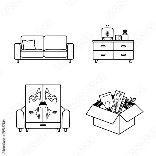 “Make a graphic poster-style layout with four black-and-white icons: a modern sofa, a table with a rice cooker and cup, a cabinet with topographic designs, and a partly opened cardboard box containing