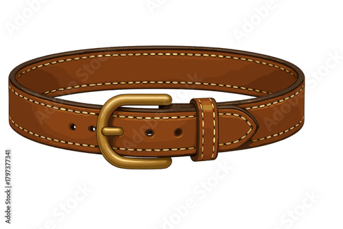 Brown leather strap with brass buckle and contrast stitching isolated on white
