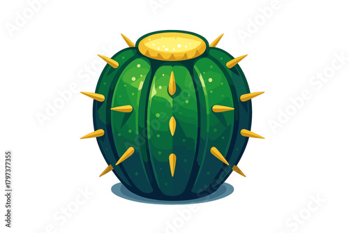 Stylized green spherical cactus with sharp yellow spines and a bright yellow top