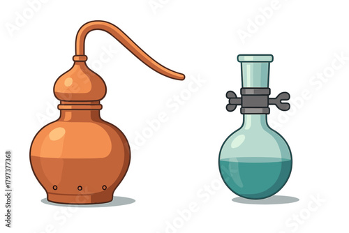 Traditional copper alembic still and glass round bottom flask containing liquid for chemical experiments