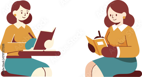 Retro Woman Journaling for Mental Health Flat Vector Illustration