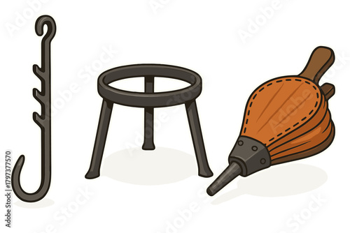 Classic forging tools and equipment featuring a leather bellows and iron tripod stand
