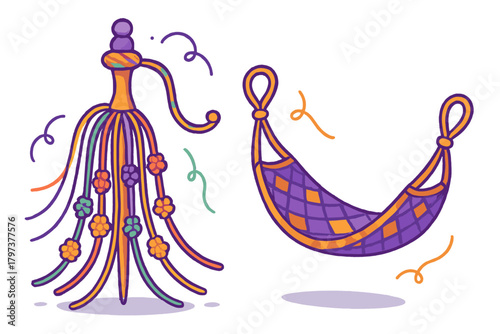 Colorful decorative tassel and purple netted hammock with confetti elements