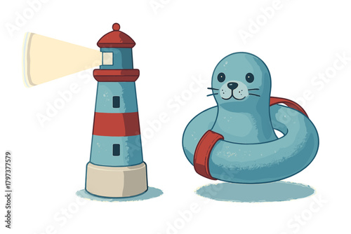Cute cartoon seal floating in a life preserver next to a striped lighthouse beacon