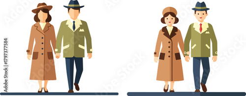 Vintage Couple Walking for Wellbeing Flat Vector Illustration