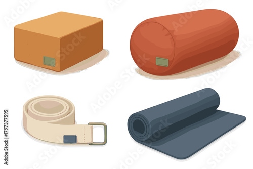 Collection of essential yoga and fitness accessories including mat, block, bolster, and strap