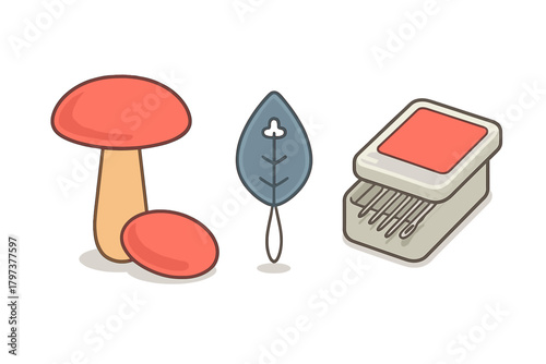 Stylized nature and camping elements: mushroom, leaf, and matchbox icon set