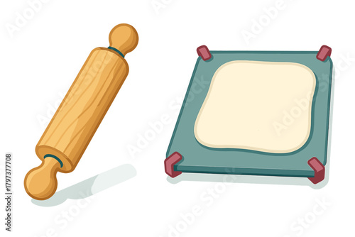 Wooden rolling pin and raw dough, essential kitchen tools for baking bread or pastry
