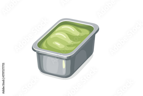 Rectangular metal container filled with bright green sauce or dip for catering presentation