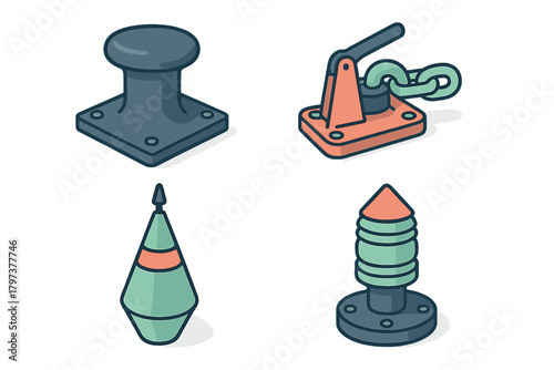 Isometric icons of nautical and marine equipment: bollard, mooring device, and navigational buoys